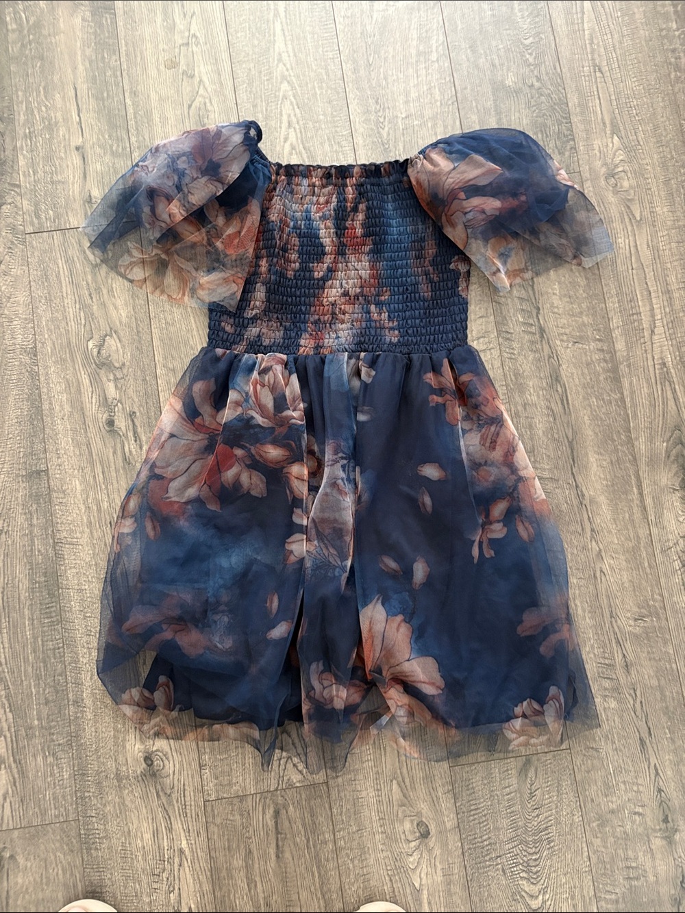 Baltic Born Navy Floral Smocked Mesh Mini Dress - Picture 3 of 4